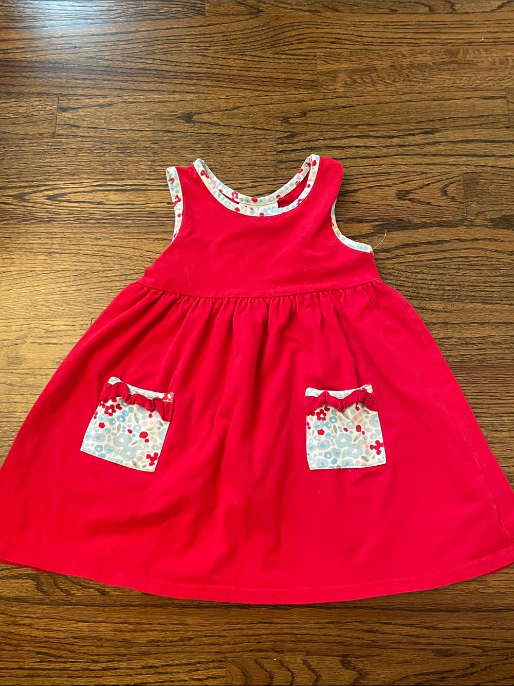Bright Red Sleeveless Pocket Dress for Girls - Floral Trim